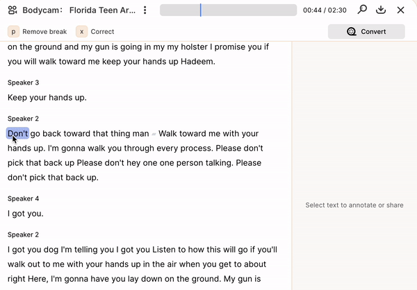 Gif showing paragraph being selected to add to reel and a name tag given to the selected reel